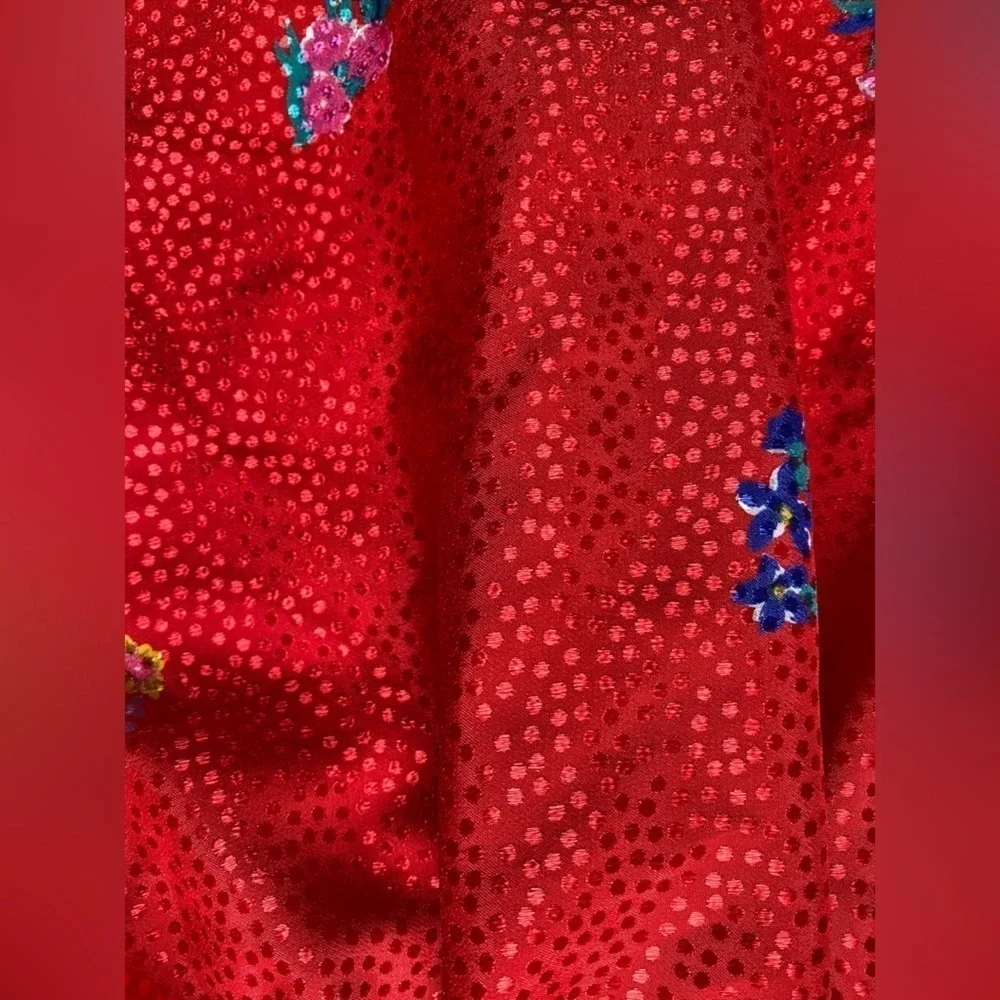 Handmade Red Shiny Polka Dot and Floral Midi Skirt